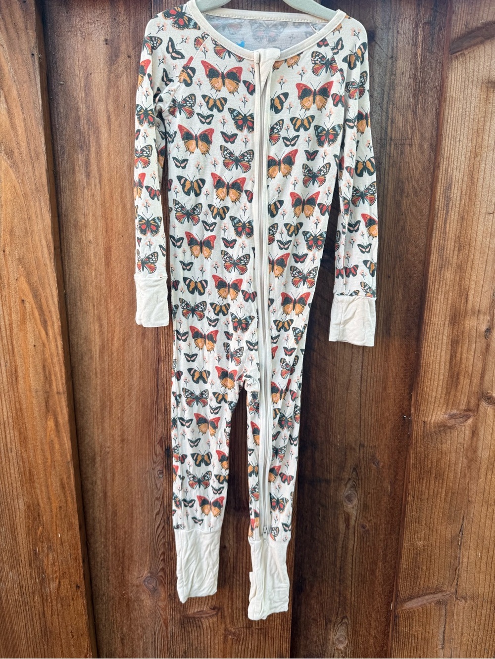 Cream Butterfly-Print Kids Zip Front One-Piece Bodysuit